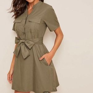 V-neck Button Belted Utility Dress